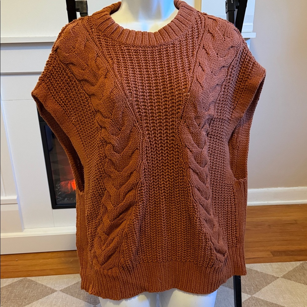 Cable Knit Sleeveless Sweater Vest in Rust